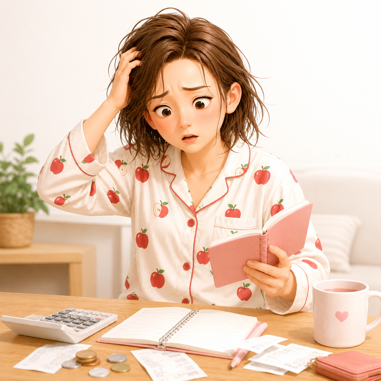 家計簿を見て頭を抱えるイラスト