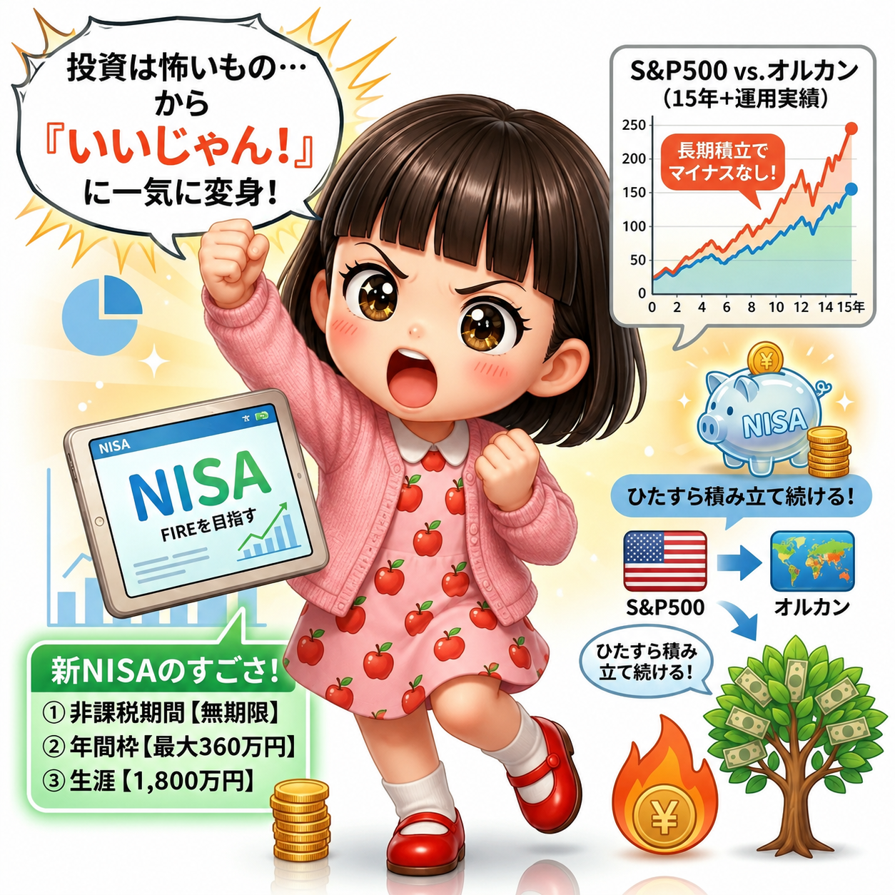S&P500とオルカンの比較を知って「いいじゃん!」と思うイラスト