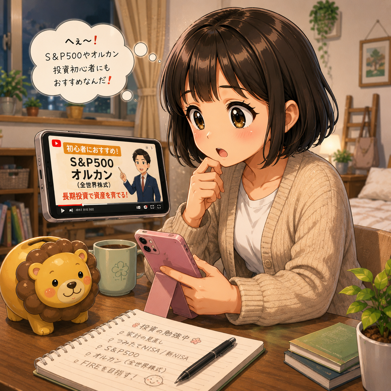 YouTubeでS&P500やオルカンを知っておどろくイラスト