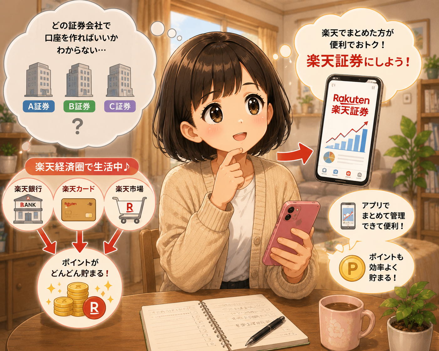楽天経済圏で生活中・楽天証券にしようと気づくイラスト