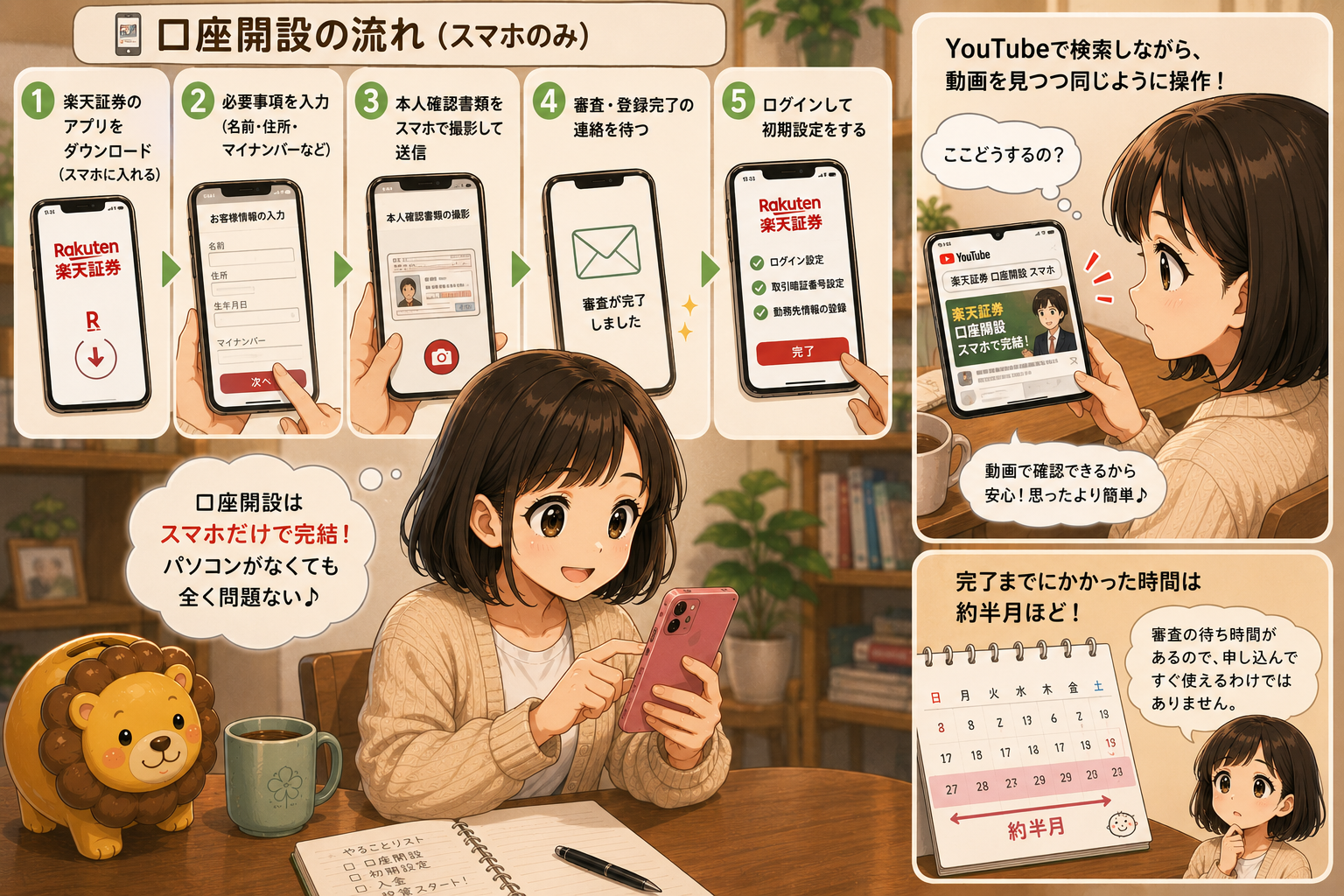 スマホで口座開設の流れのイラスト
